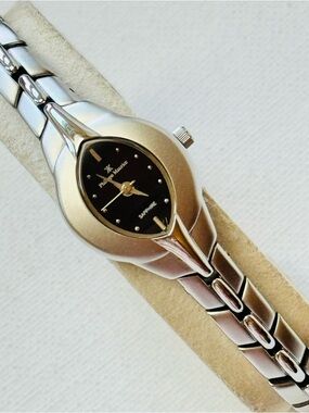 Phillppe Maurice Sapphire 23k White Gold Plated Oval Women's Silver Black Watch